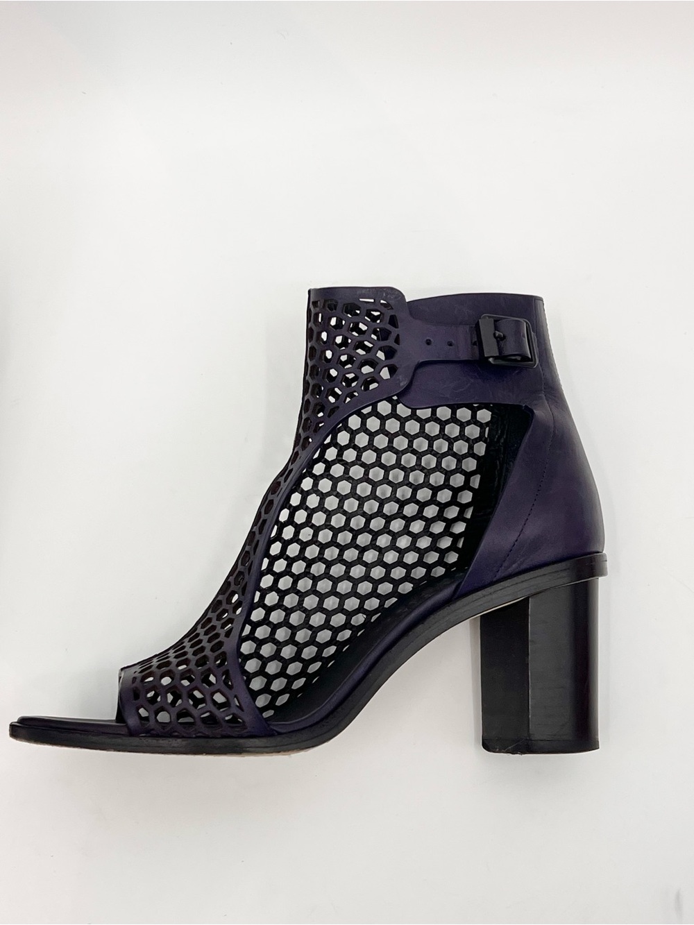 Zero + Maria Cornejo Navy Laser-Cut Peep-Toe Block Heel Ankle Boot
